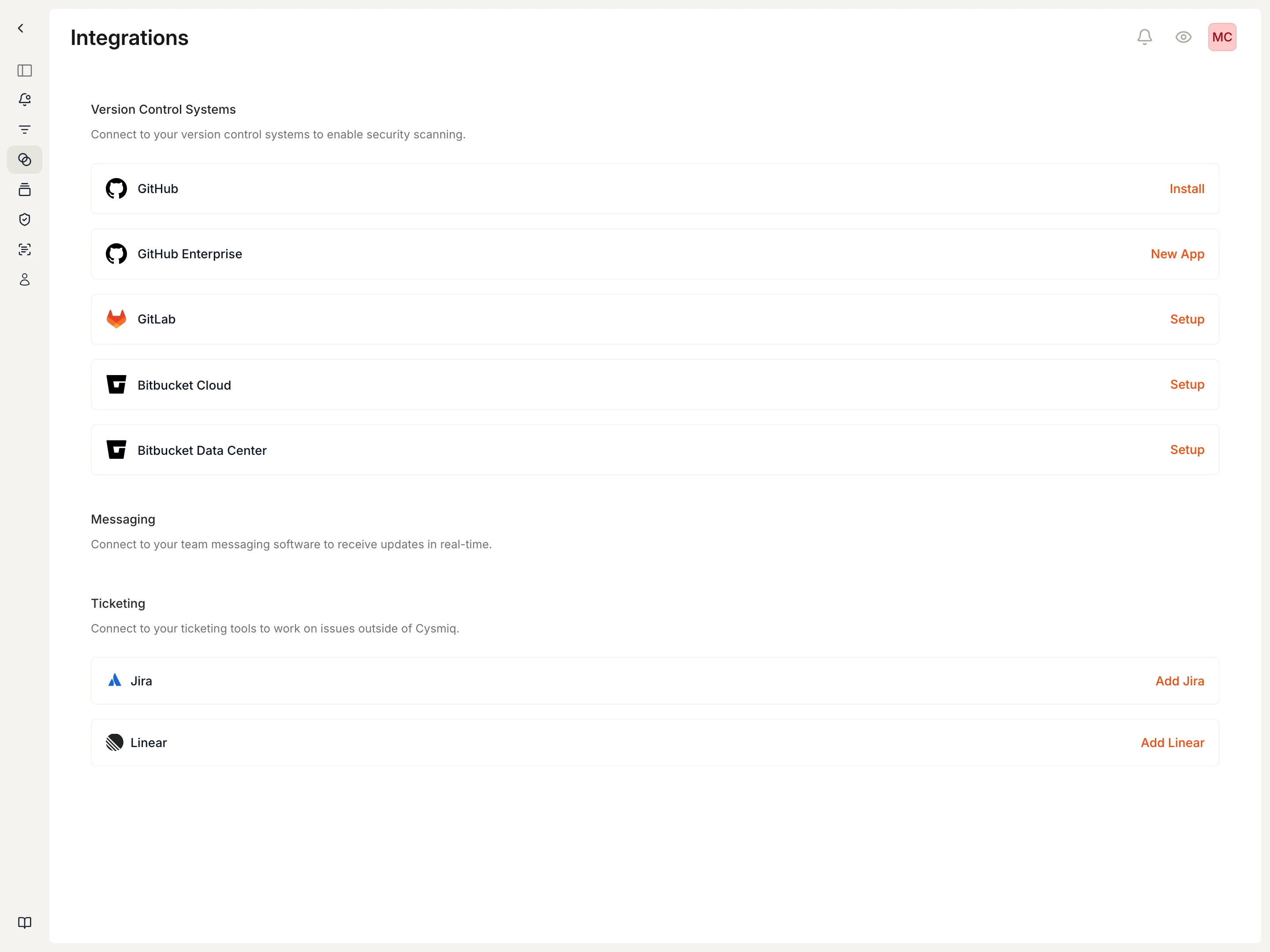 Integrations page showing Jira and Linear options in the Ticketing section.