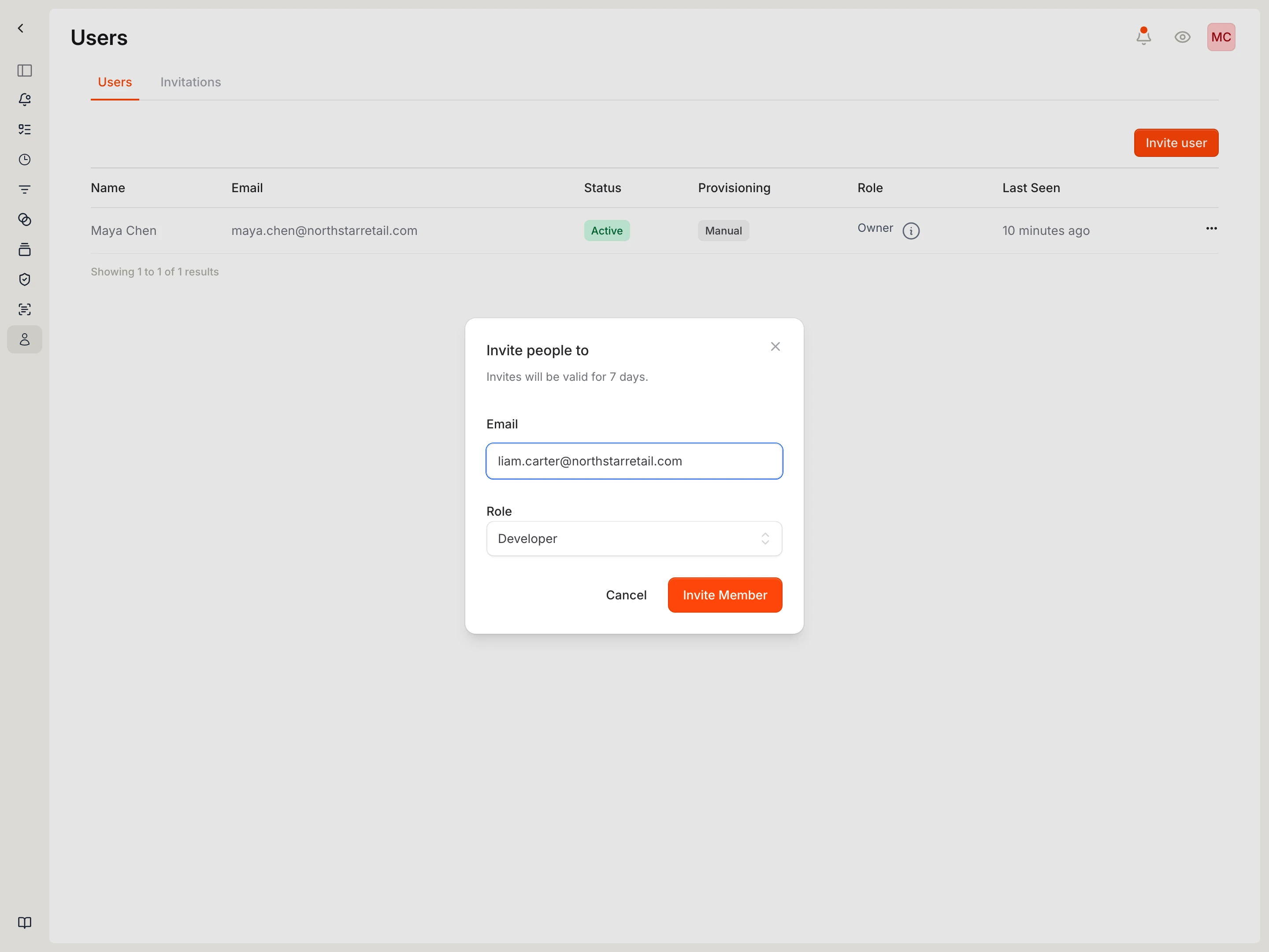 Invite member dialog with an email address and Developer role selected.